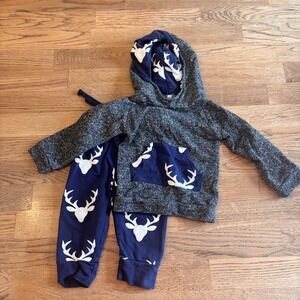 Kids Deer Print Hoodie and Jogger Set Toddler Childrens Size 90/2T Cozy Comfy